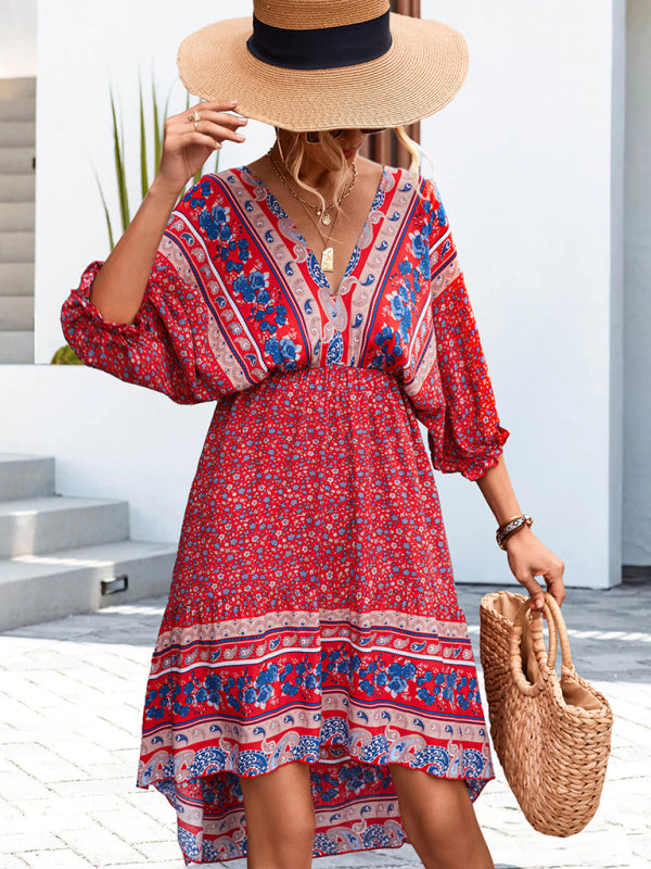 Women's Woven V-Neck Open Back Bohemian Dress