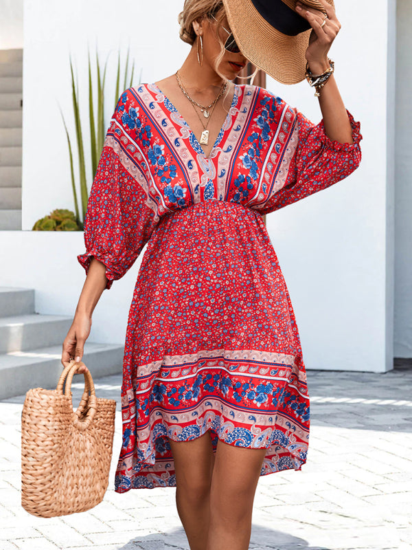 Women's Woven V-Neck Open Back Bohemian Dress