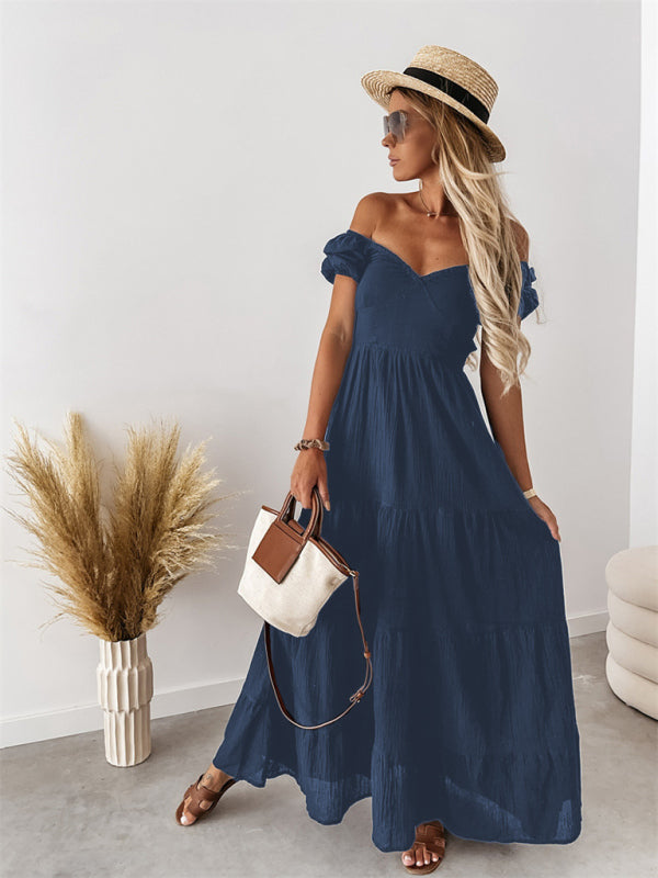 New style short-sleeved off-the-shoulder solid color backless strappy commuter high-waisted dress