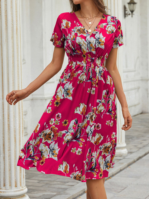 Floral Print V-Neck Vacation Midi Dress