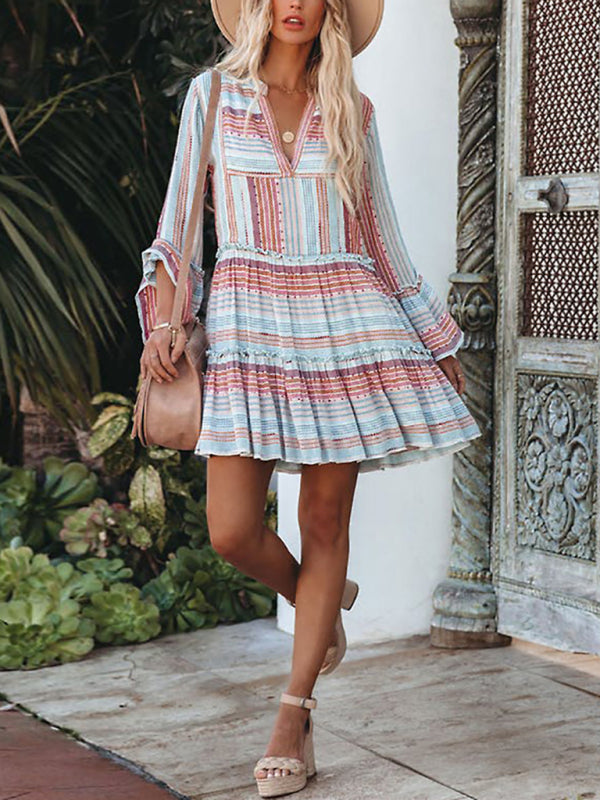 Women's V-neck Stripe Print Casual Dress