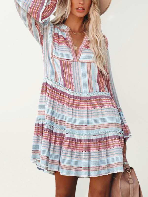 Women's V-neck Stripe Print Casual Dress