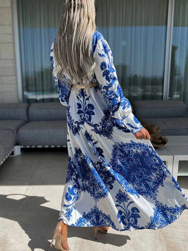 Women's Woven Loose Vintage Style Vacation Long Sleeve Dress(without belt)