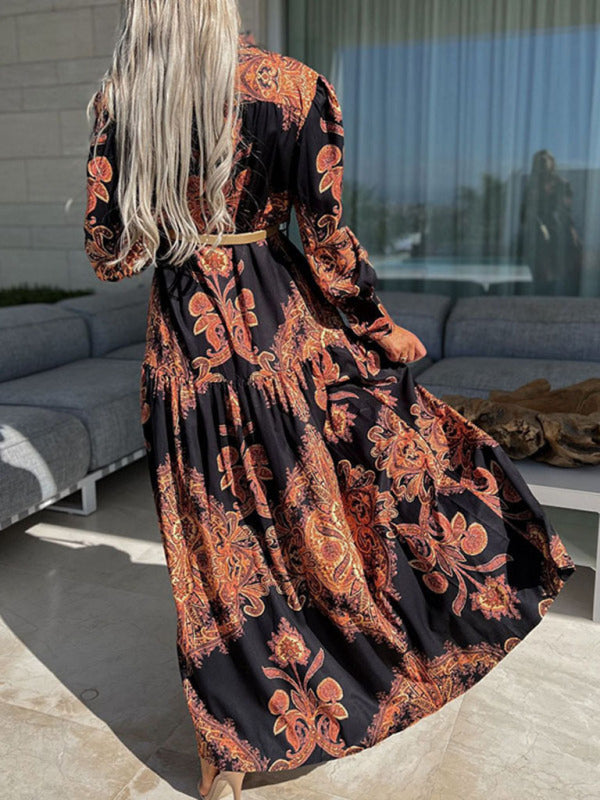 Women's Woven Loose Vintage Style Vacation Long Sleeve Dress(without belt)