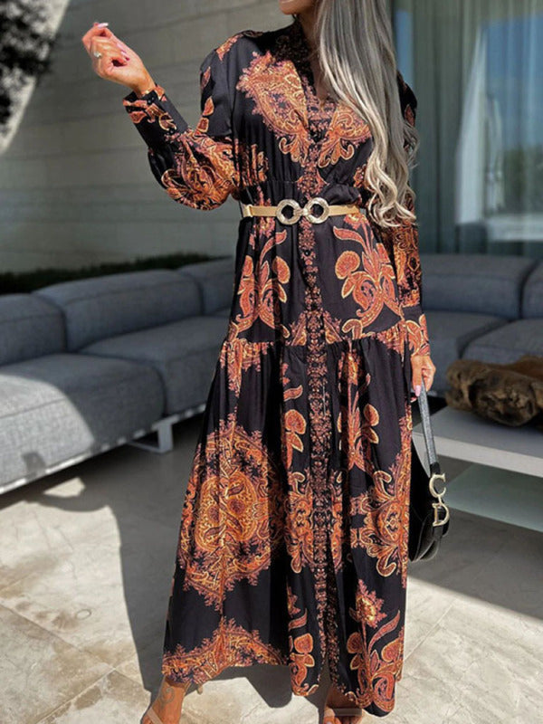 Women's Woven Loose Vintage Style Vacation Long Sleeve Dress(without belt)