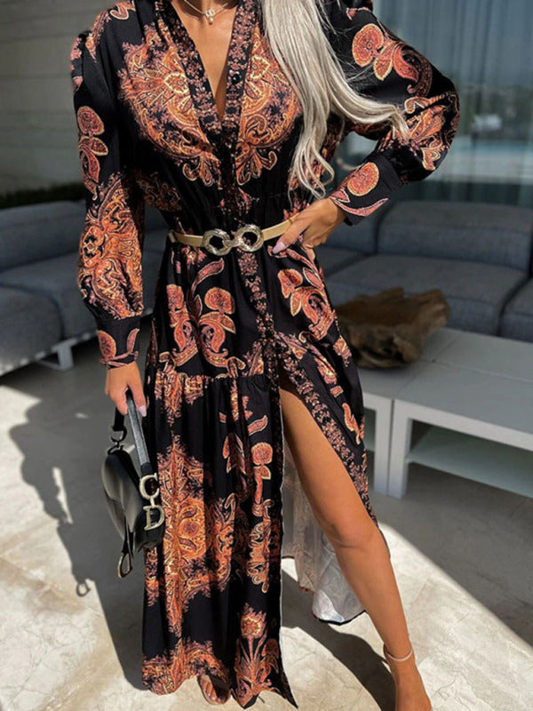 Women's Woven Loose Vintage Style Vacation Long Sleeve Dress(without belt)