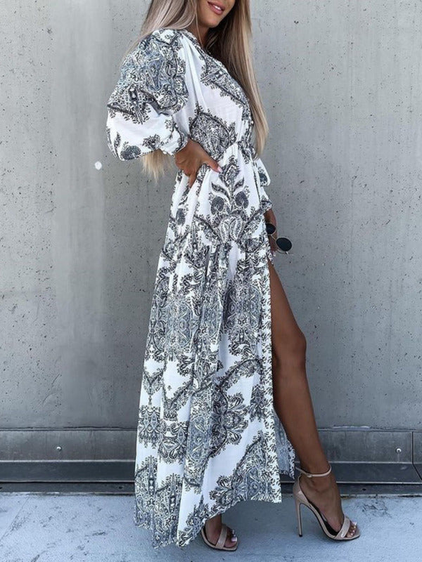 Women's Woven Loose Vintage Style Vacation Long Sleeve Dress(without belt)