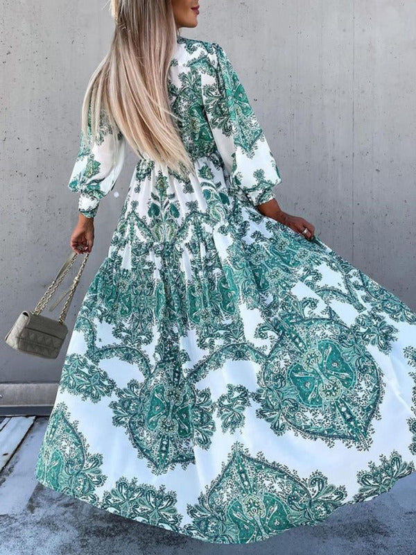 Women's Woven Loose Vintage Style Vacation Long Sleeve Dress(without belt)