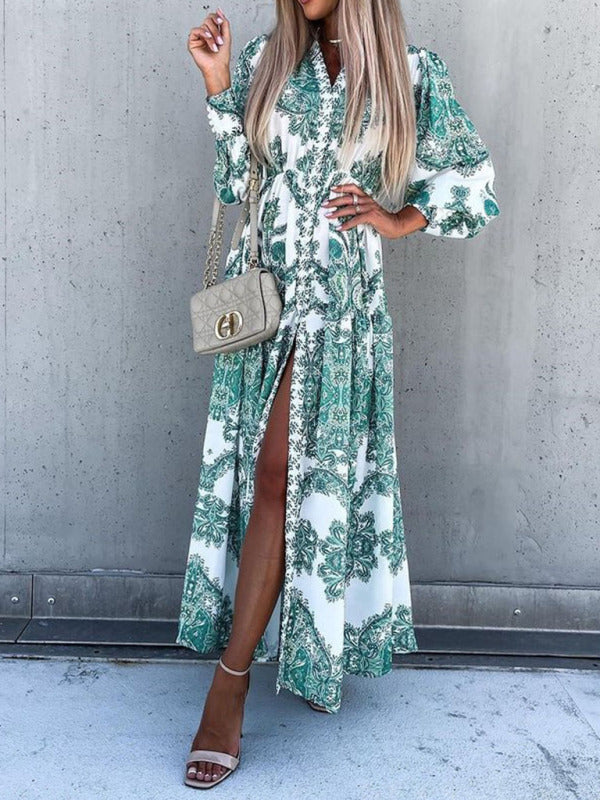 Women's Woven Loose Vintage Style Vacation Long Sleeve Dress(without belt)