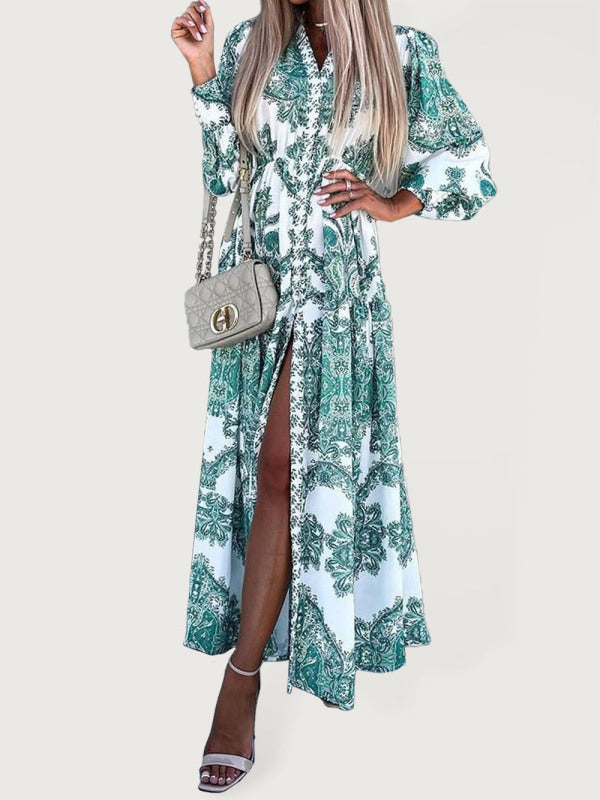 Women's Woven Loose Vintage Style Vacation Long Sleeve Dress(without belt)