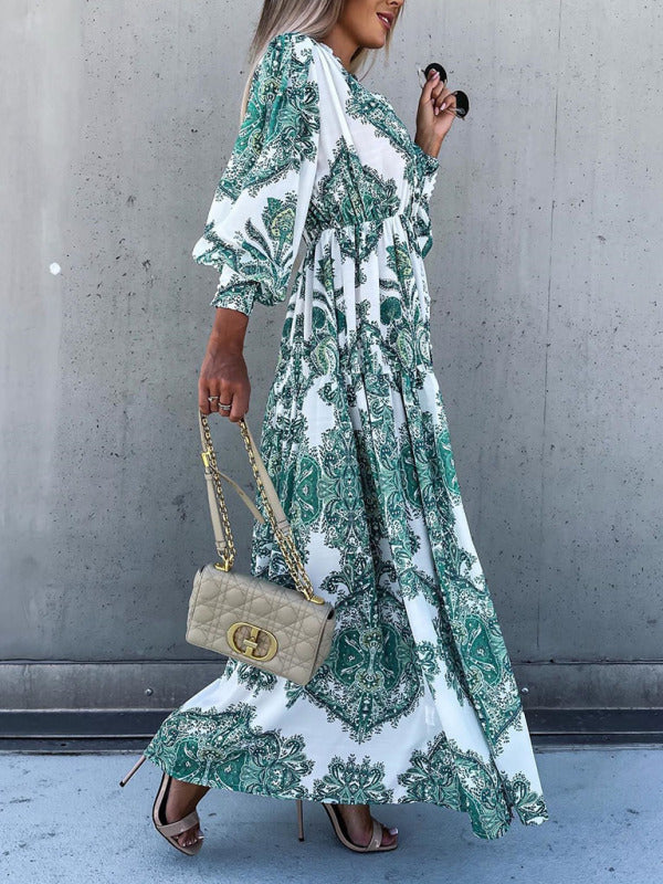 Women's Woven Loose Vintage Style Vacation Long Sleeve Dress(without belt)