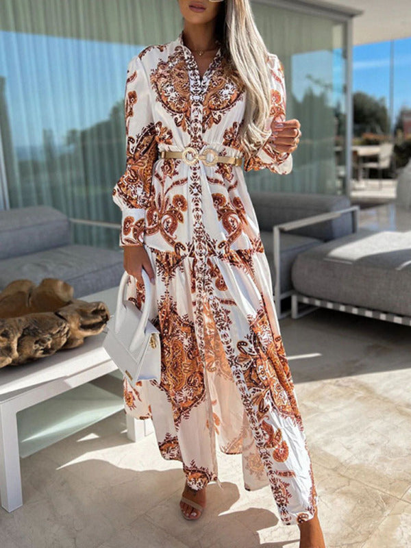 Women's Woven Loose Vintage Style Vacation Long Sleeve Dress(without belt)