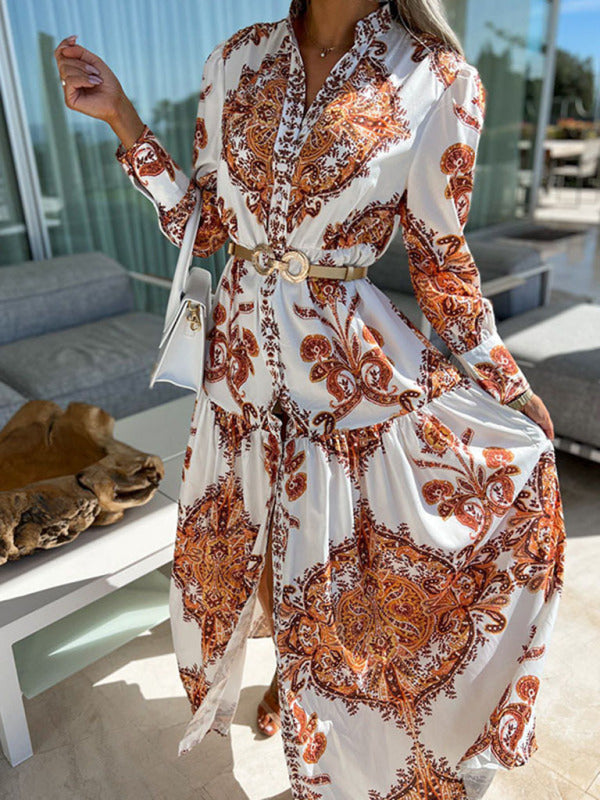 Women's Woven Loose Vintage Style Vacation Long Sleeve Dress(without belt)