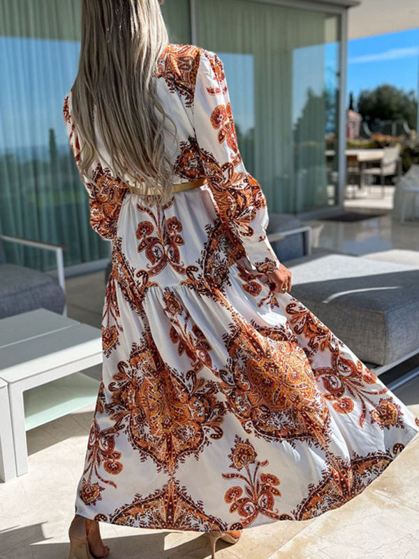 Women's Woven Loose Vintage Style Vacation Long Sleeve Dress(without belt)