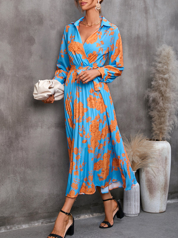 Casual all-match printed long-sleeved mid-length dress
