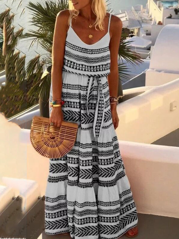 Bohemian style deep V-neck printed beach holiday style suspender dress