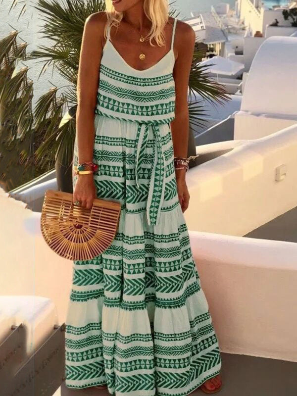 Bohemian style deep V-neck printed beach holiday style suspender dress