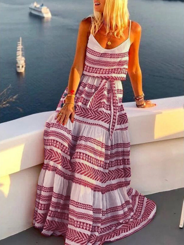 Bohemian style deep V-neck printed beach holiday style suspender dress