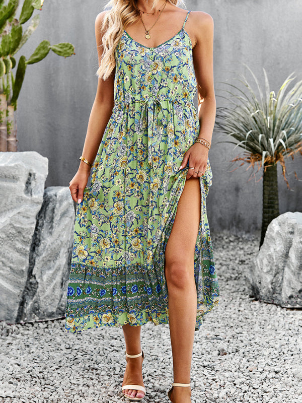 Women's bohemian vacation style slit suspender dress