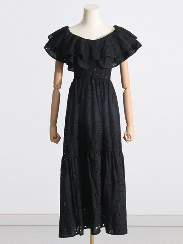 New one-shoulder ruffles hollow embroidery printed front slit dress