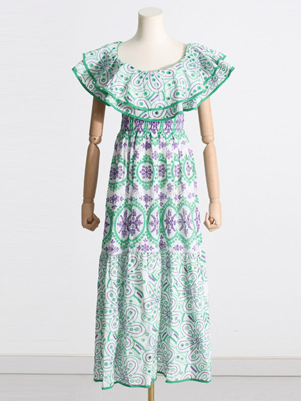 New one-shoulder ruffles hollow embroidery printed front slit dress