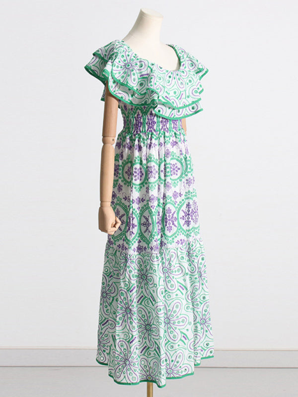 New one-shoulder ruffles hollow embroidery printed front slit dress