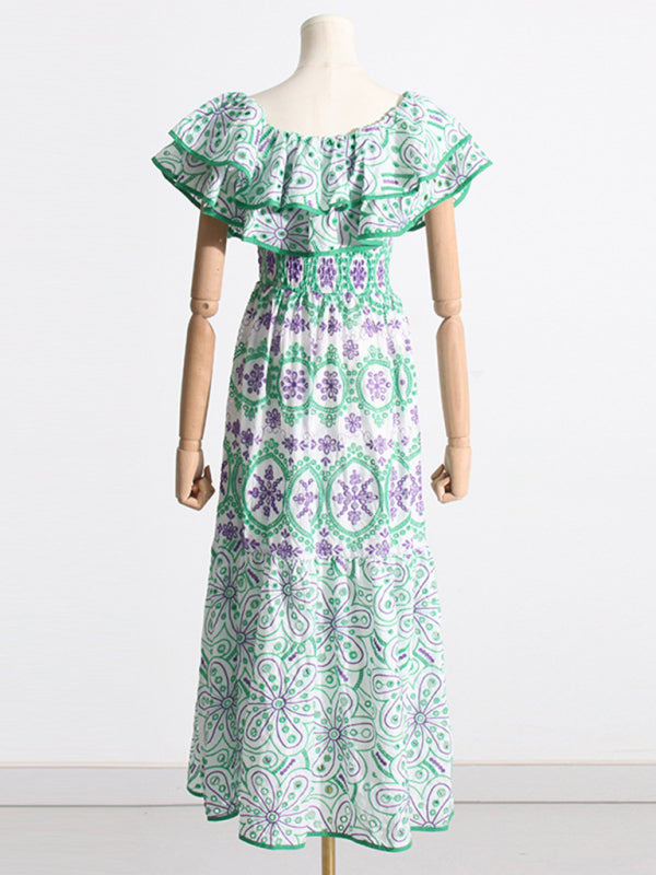 New one-shoulder ruffles hollow embroidery printed front slit dress