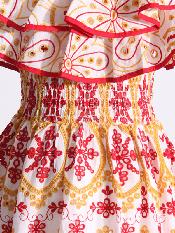New one-shoulder ruffles hollow embroidery printed front slit dress