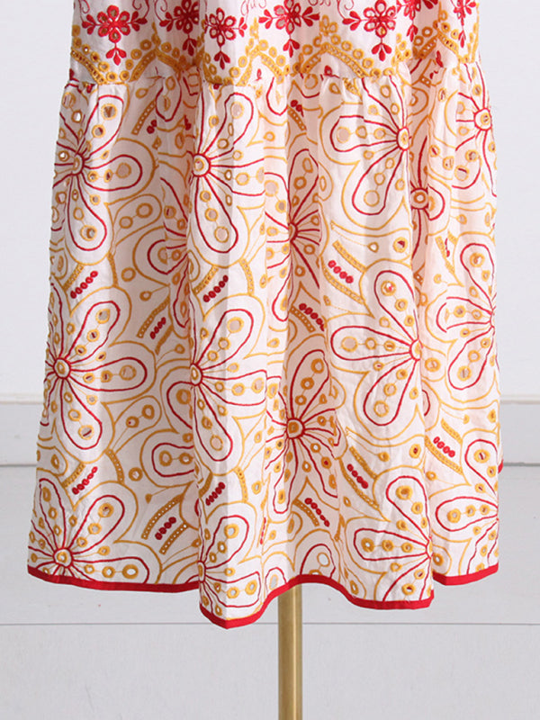 New one-shoulder ruffles hollow embroidery printed front slit dress