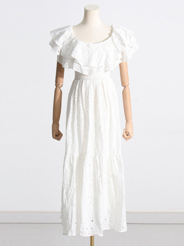 New one-shoulder ruffles hollow embroidery printed front slit dress