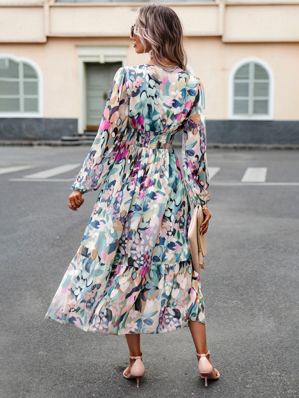 Women's resort casual printed V-neck long-sleeved dress