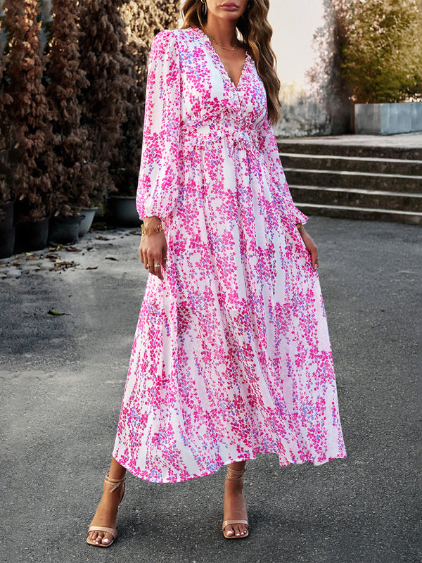 Women's Fashion V Neck Long Sleeves Elegant Chiffon Casual Dress