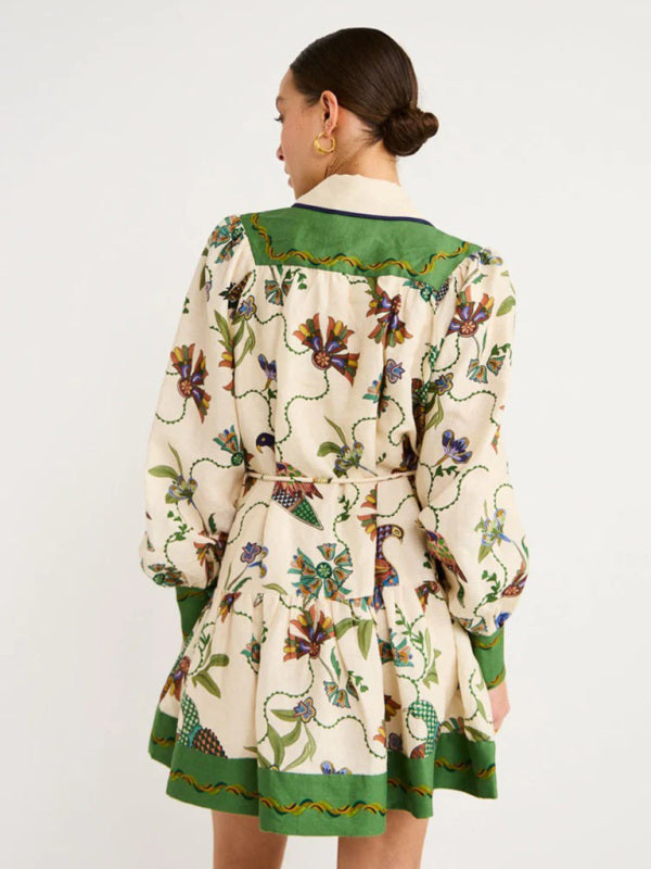 New long-sleeve printed lapel loose tie casual dress