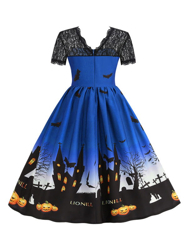 New retro lace round neck short-sleeved printed wide skirt dress