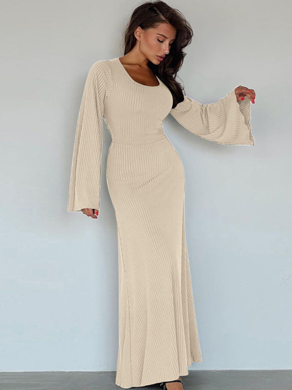 Feminine U-neck tie-back long-sleeved dress