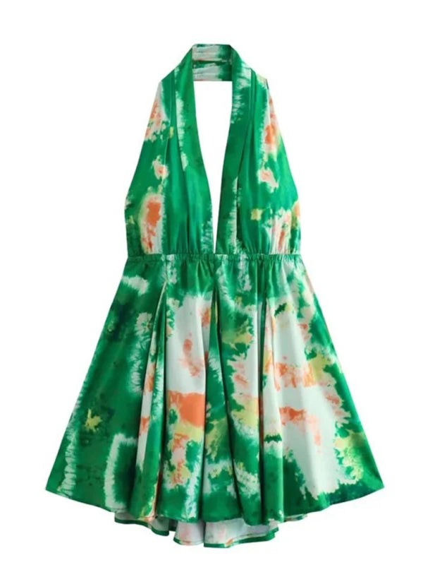 New fashionable V-neck suspender sexy printed halter neck short dress