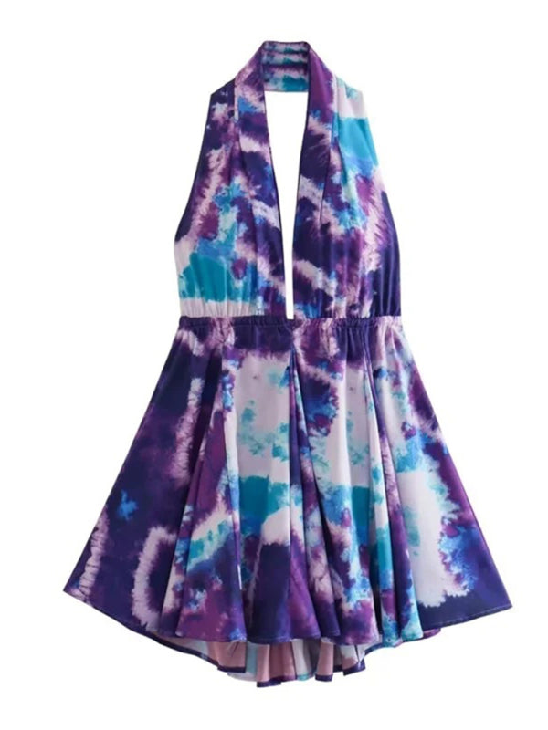 New fashionable V-neck suspender sexy printed halter neck short dress