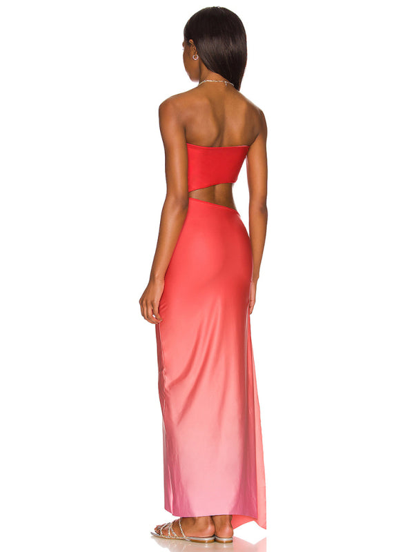 Floral Print Strapless Hollow Out Maxi Dress