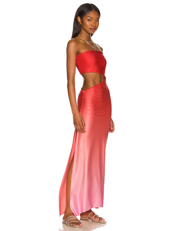 Floral Print Strapless Hollow Out Maxi Dress