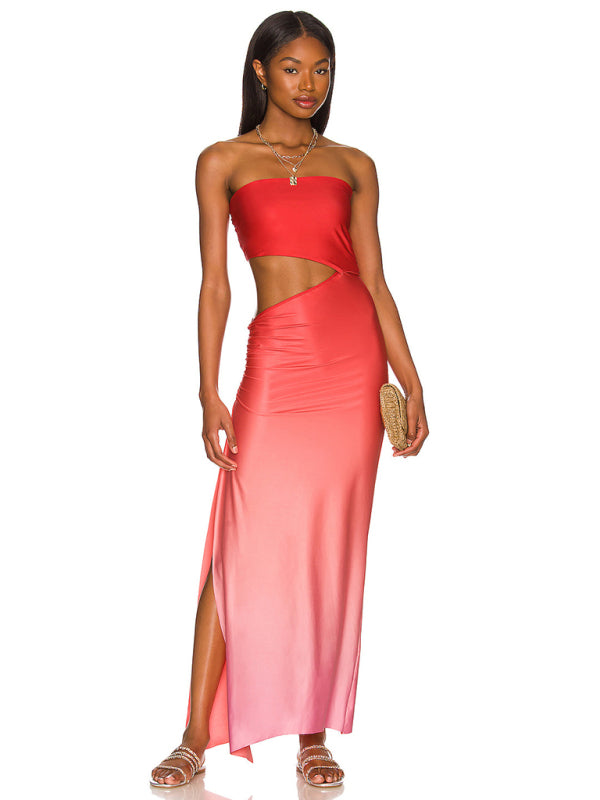 Floral Print Strapless Hollow Out Maxi Dress