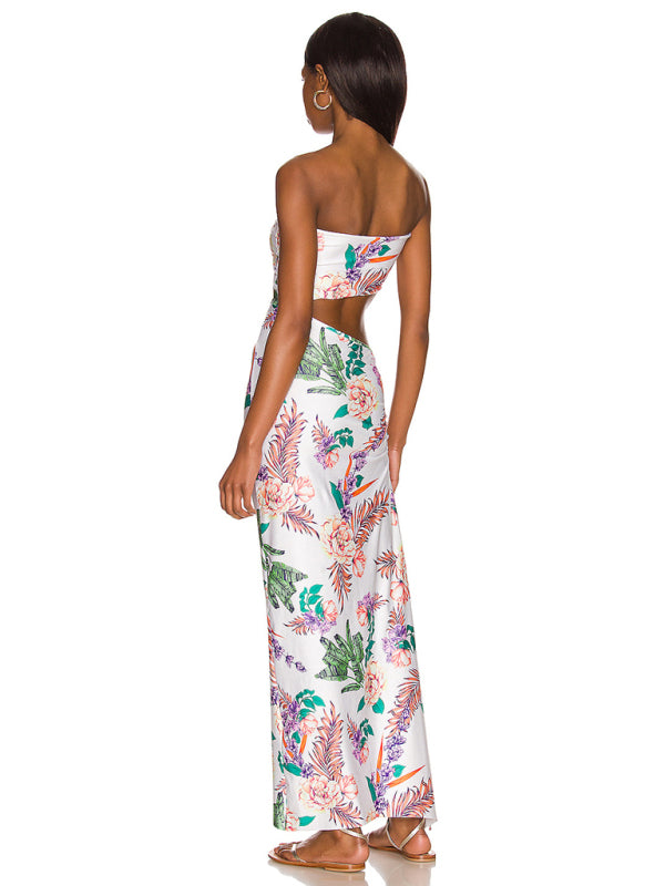 Floral Print Strapless Hollow Out Maxi Dress