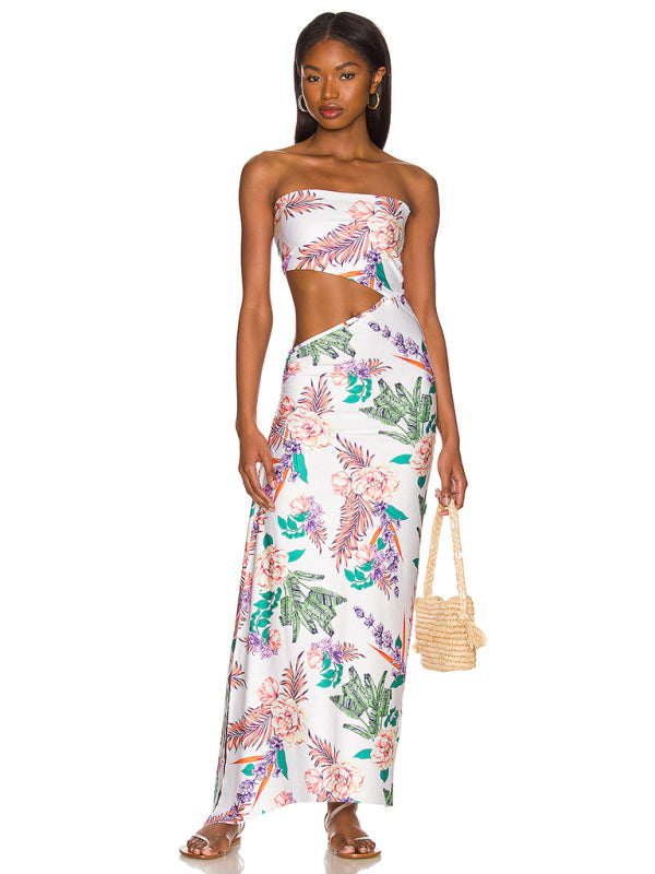 Floral Print Strapless Hollow Out Maxi Dress