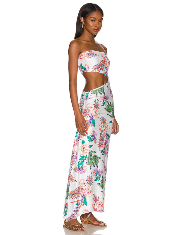 Floral Print Strapless Hollow Out Maxi Dress