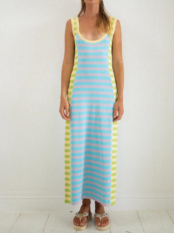 Women's New Casual Knitted Long Dress with U-neck, Open Back, Sleeveless, and Color Block Design