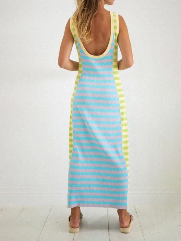 Women's New Casual Knitted Long Dress with U-neck, Open Back, Sleeveless, and Color Block Design