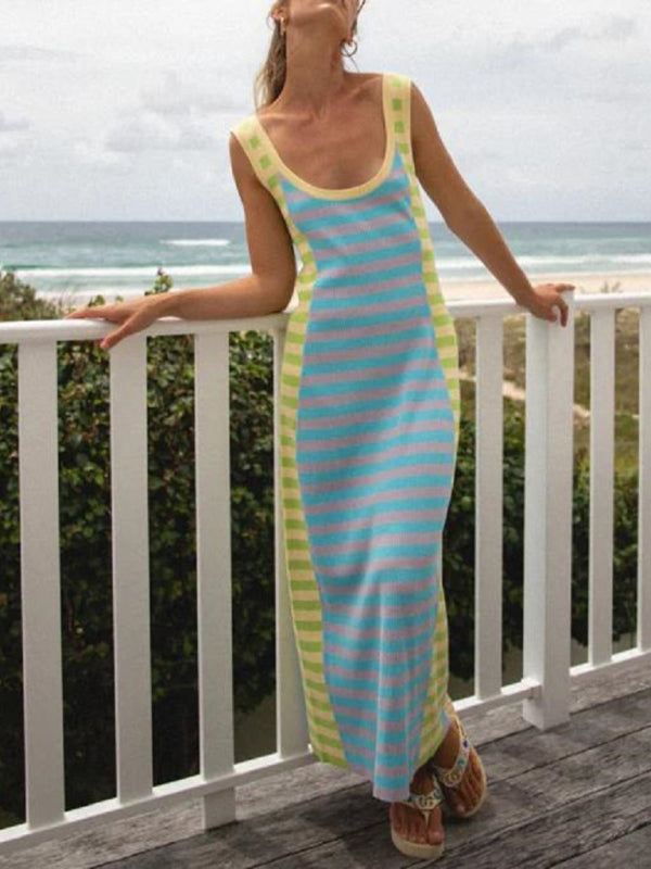 Women's New Casual Knitted Long Dress with U-neck, Open Back, Sleeveless, and Color Block Design