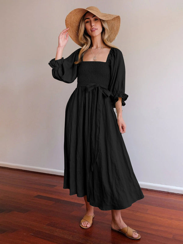 New style rope belt ruffled lantern sleeve dress