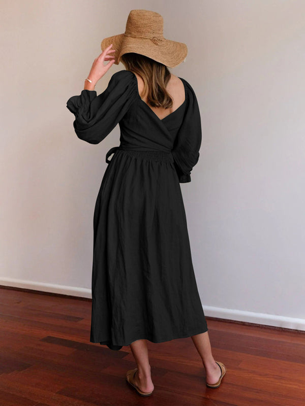New style rope belt ruffled lantern sleeve dress