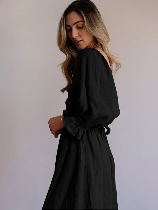 New style rope belt ruffled lantern sleeve dress