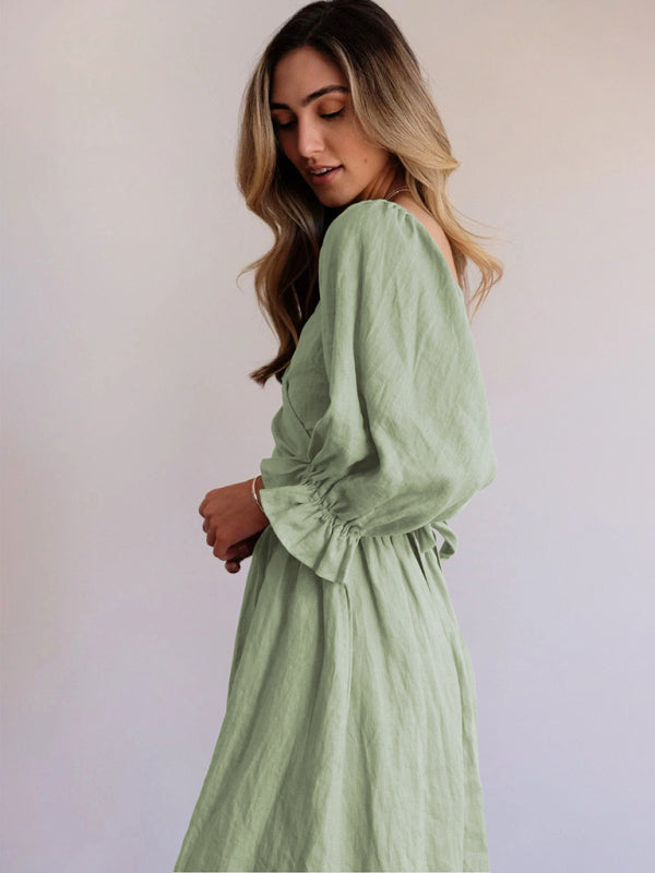 New style rope belt ruffled lantern sleeve dress
